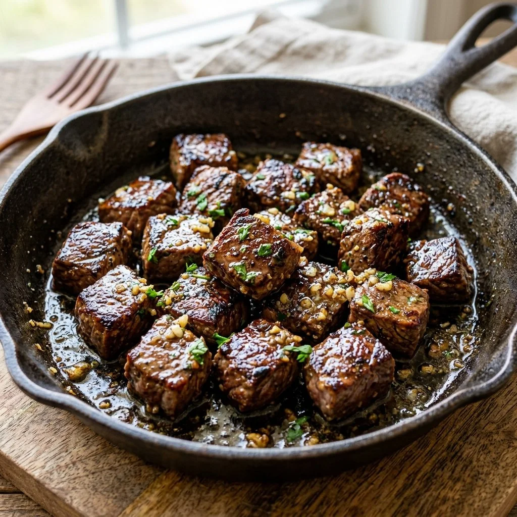 Delicious Garlic Butter Steak Bites served on a plate