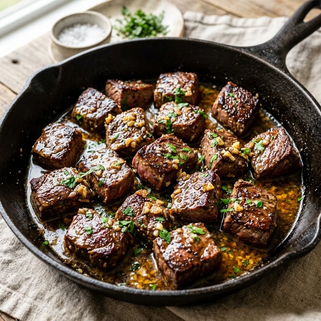 Delicious garlic butter steak bites served on a plate