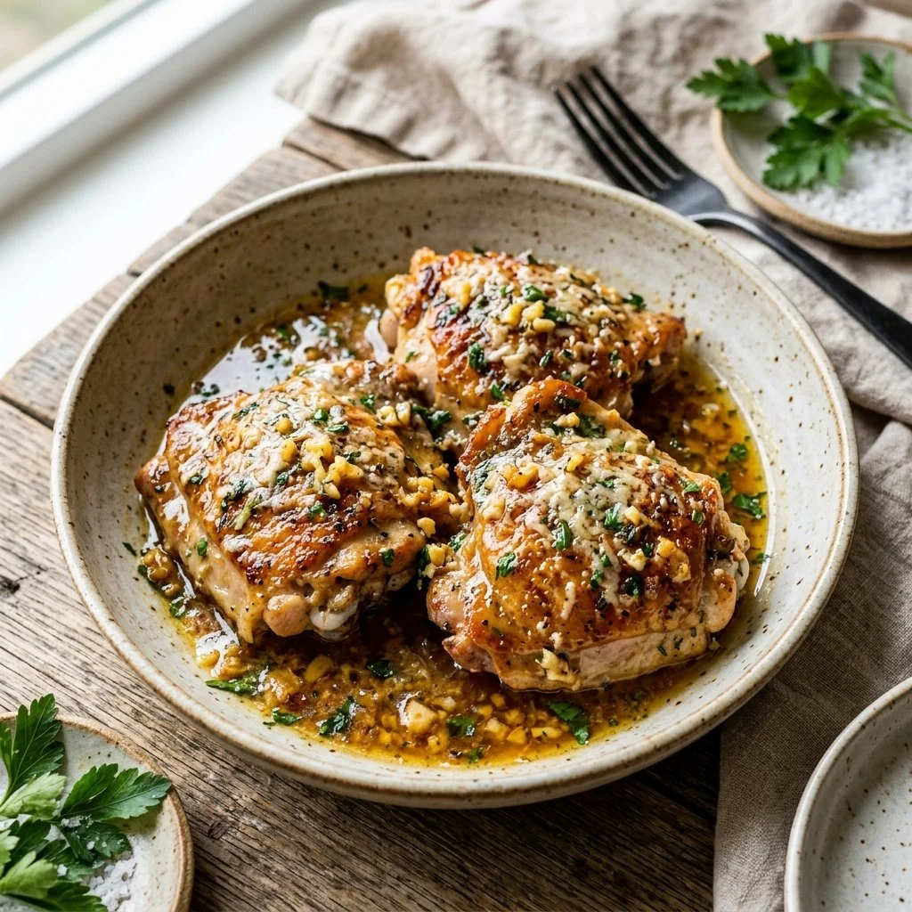 Delicious Garlic Parmesan Chicken served with herbs and garnished.