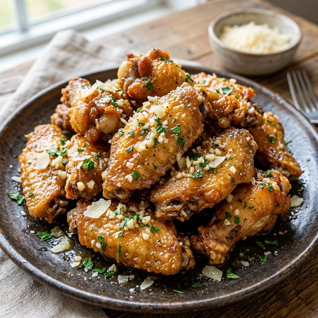 Crispy Garlic Parmesan Wings served on a platter with fresh herbs