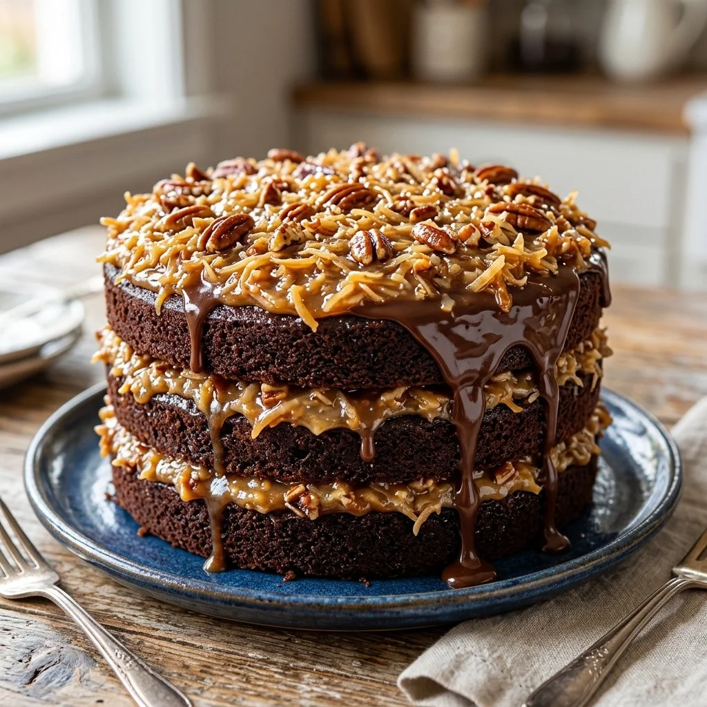 Delicious German Chocolate Cake with coconut and pecan frosting.