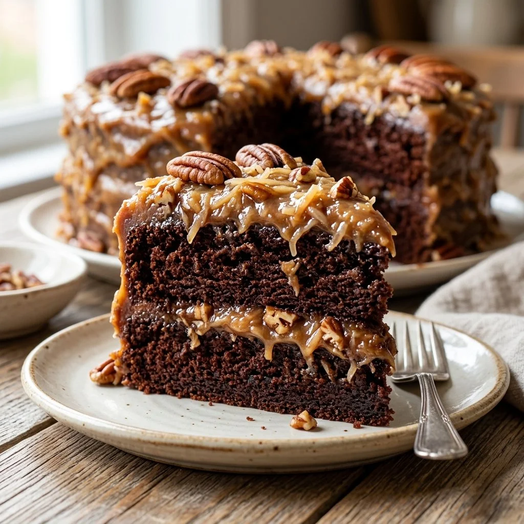 Delicious slice of German Chocolate Cake topped with coconut and pecan frosting