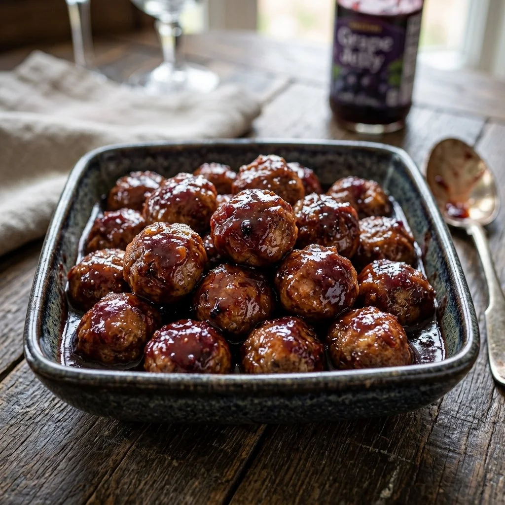 Delicious grape jelly meatballs served on a platter