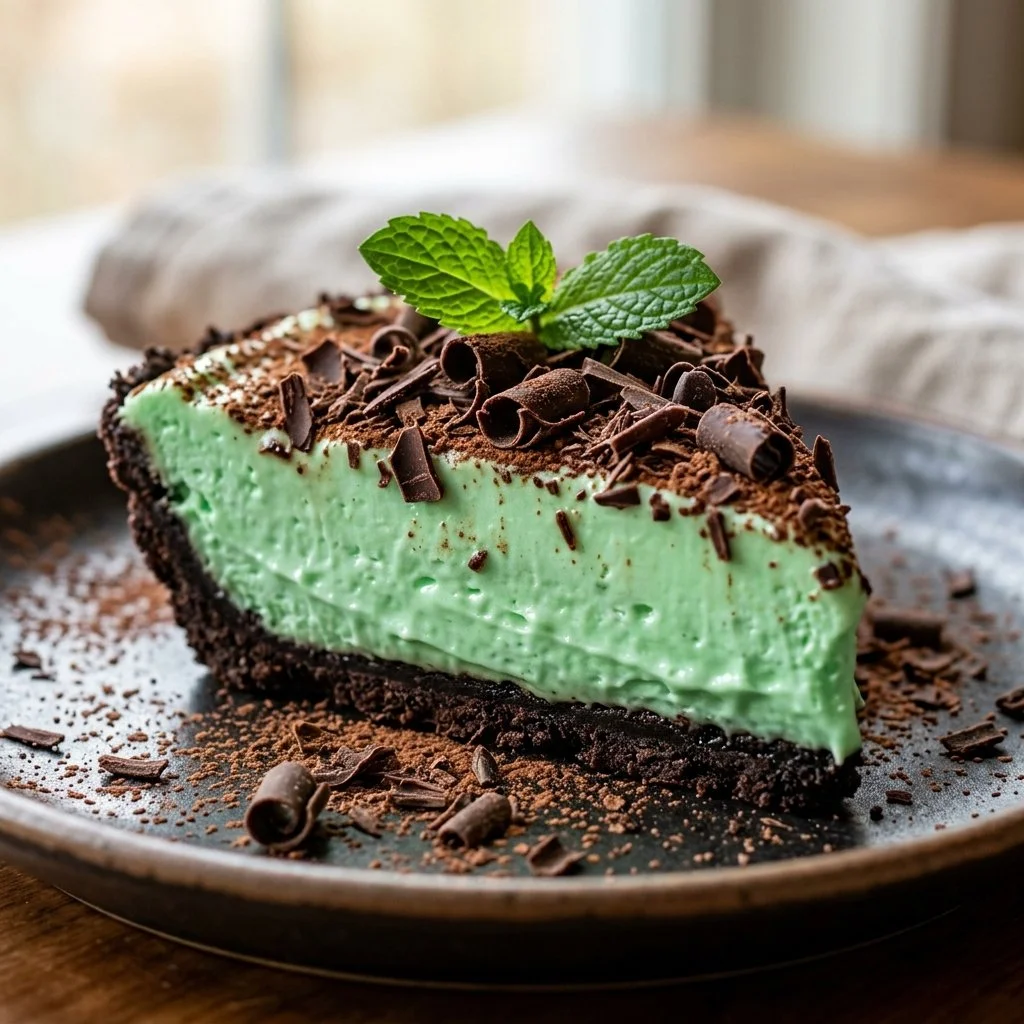 Delicious slice of Grasshopper Pie with mint and chocolate layers