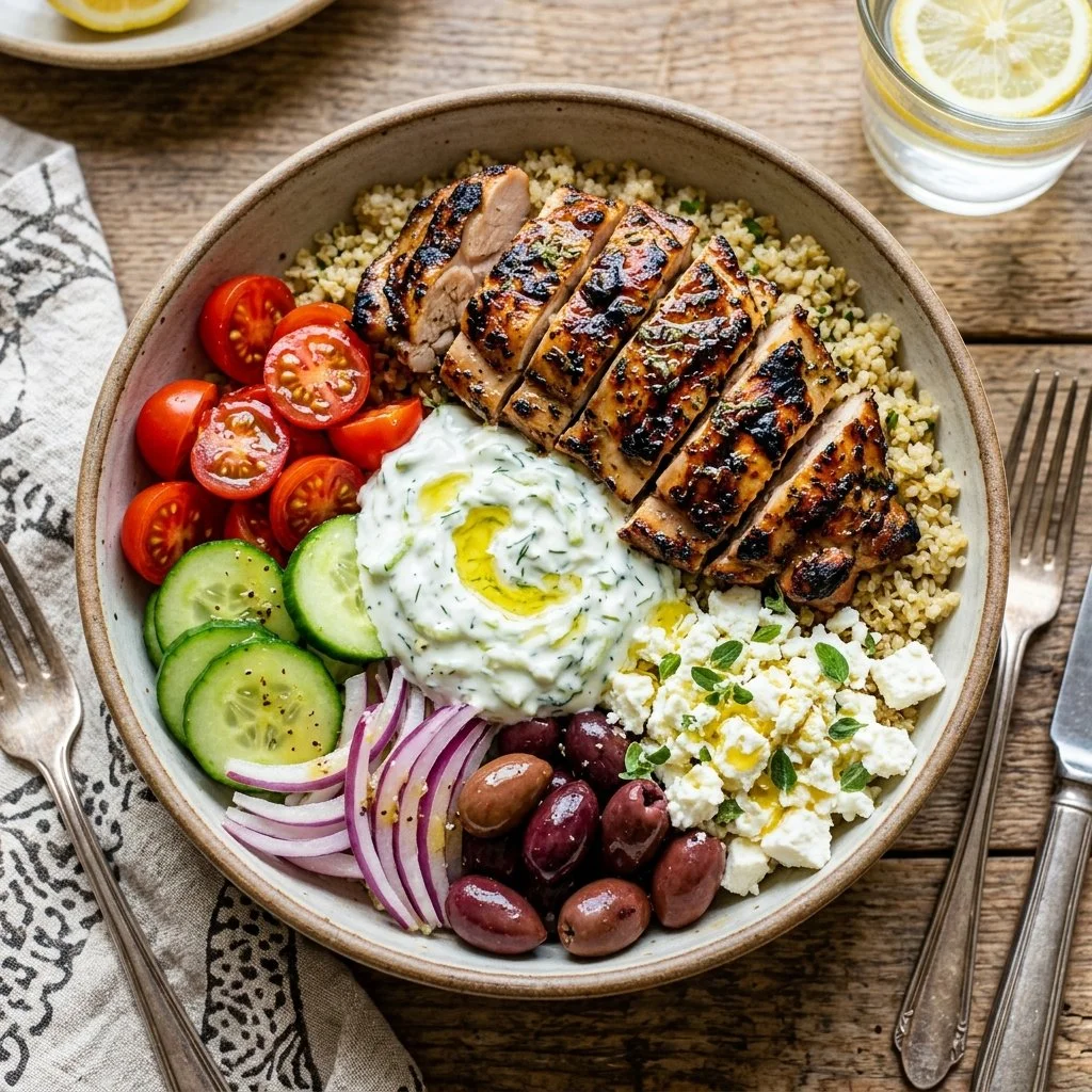 Delicious Greek Chicken Bowl with fresh vegetables and herbs