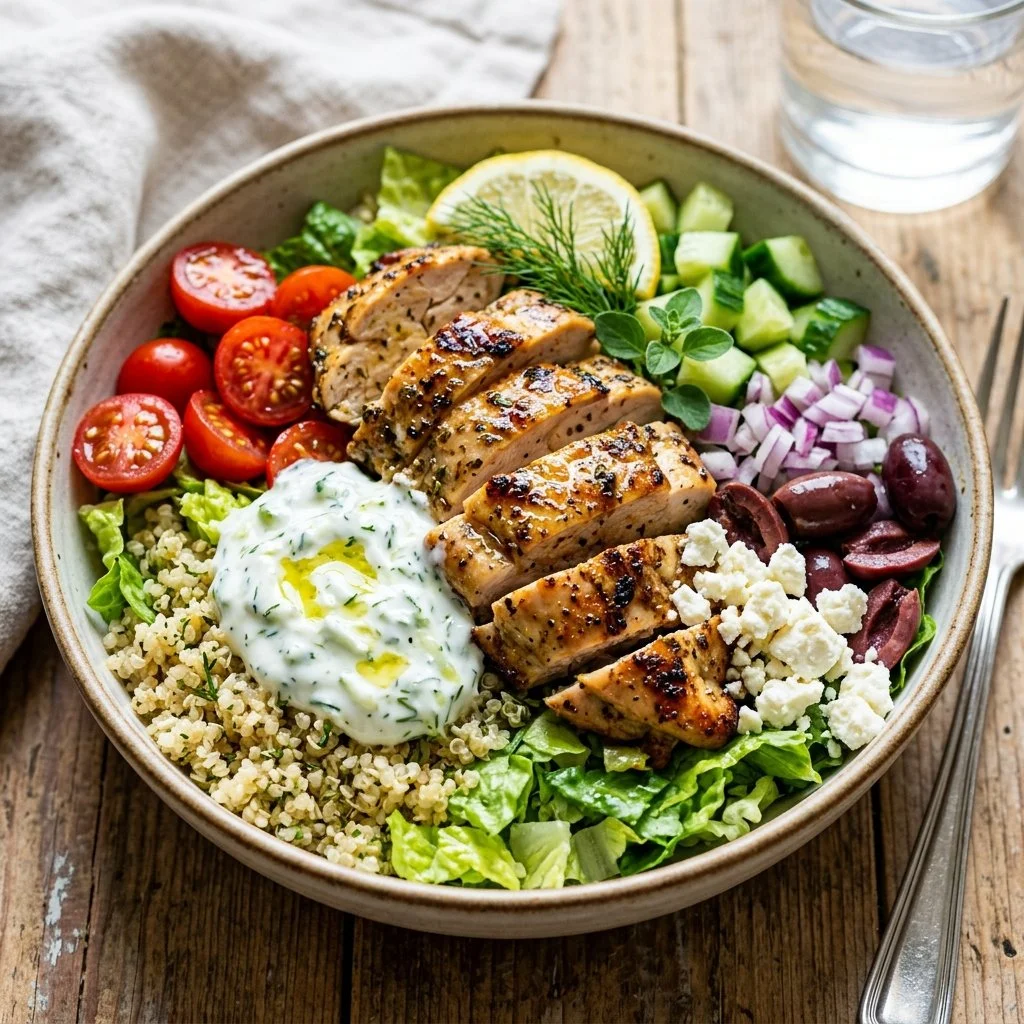 Healthy Greek Chicken Bowl with fresh vegetables and herbs