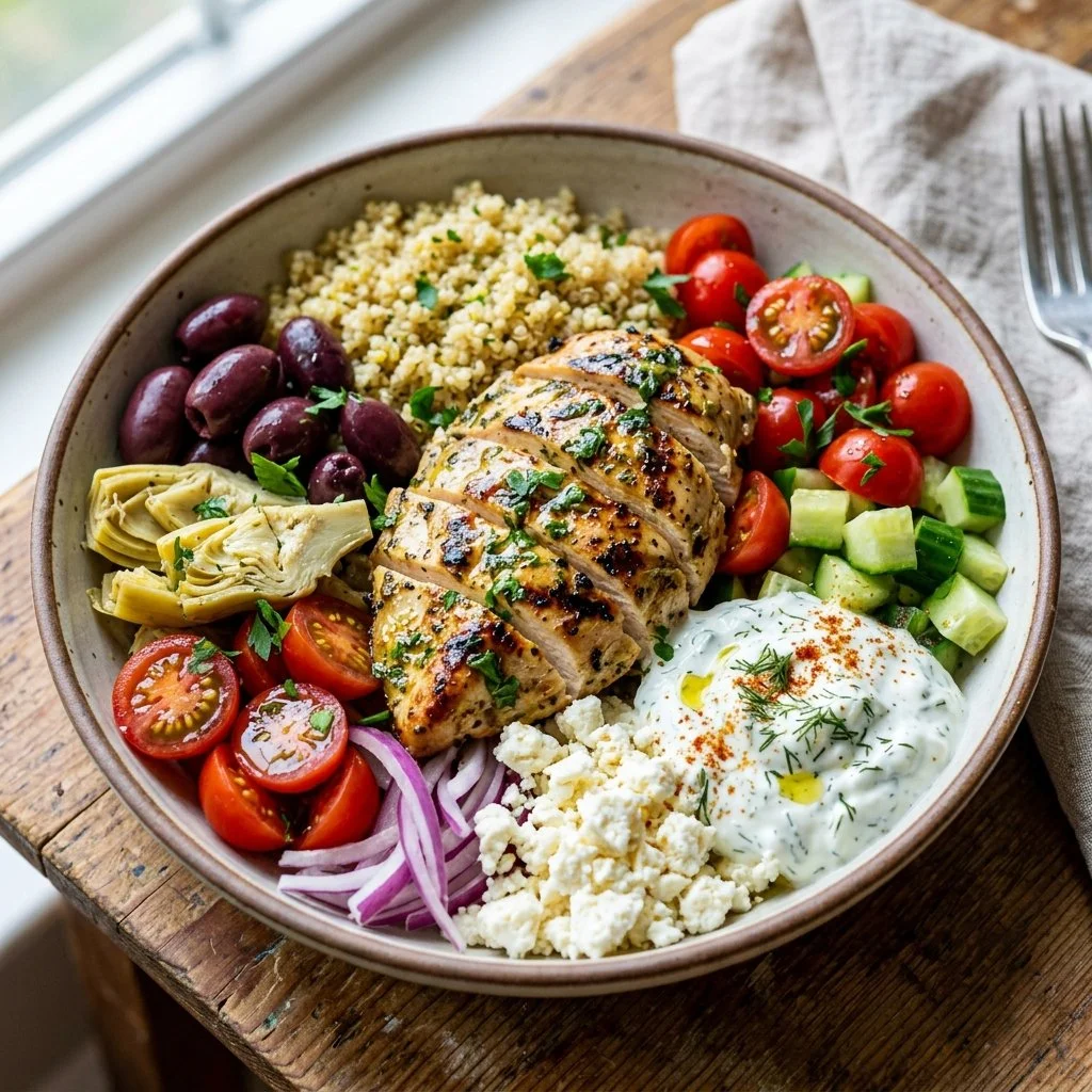 Delicious Greek Chicken Bowls with fresh vegetables and tzatziki sauce
