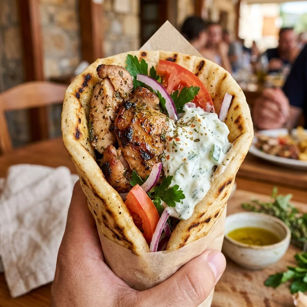 Delicious Greek Chicken Gyros served with fresh toppings in pita bread