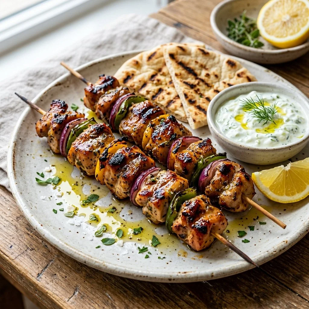 Plate of Greek chicken souvlaki with fresh vegetables and tzatziki sauce