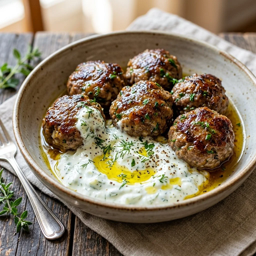 Plate of Greek meatballs served with tzatziki sauce and fresh herbs