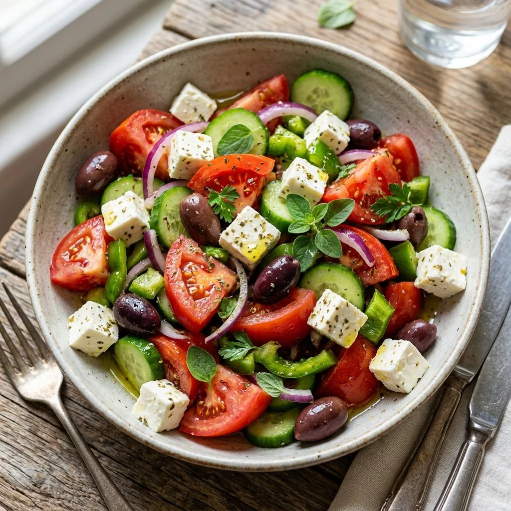A colorful bowl of Greek salad with tomatoes, cucumbers, olives, and feta cheese