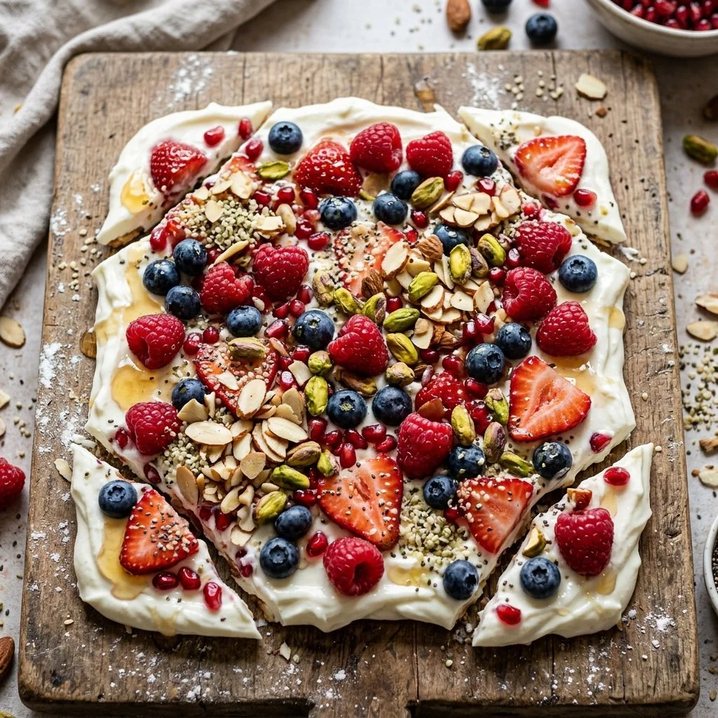 Homemade Greek Yogurt Bark topped with fruits and nuts, a healthy dessert option.