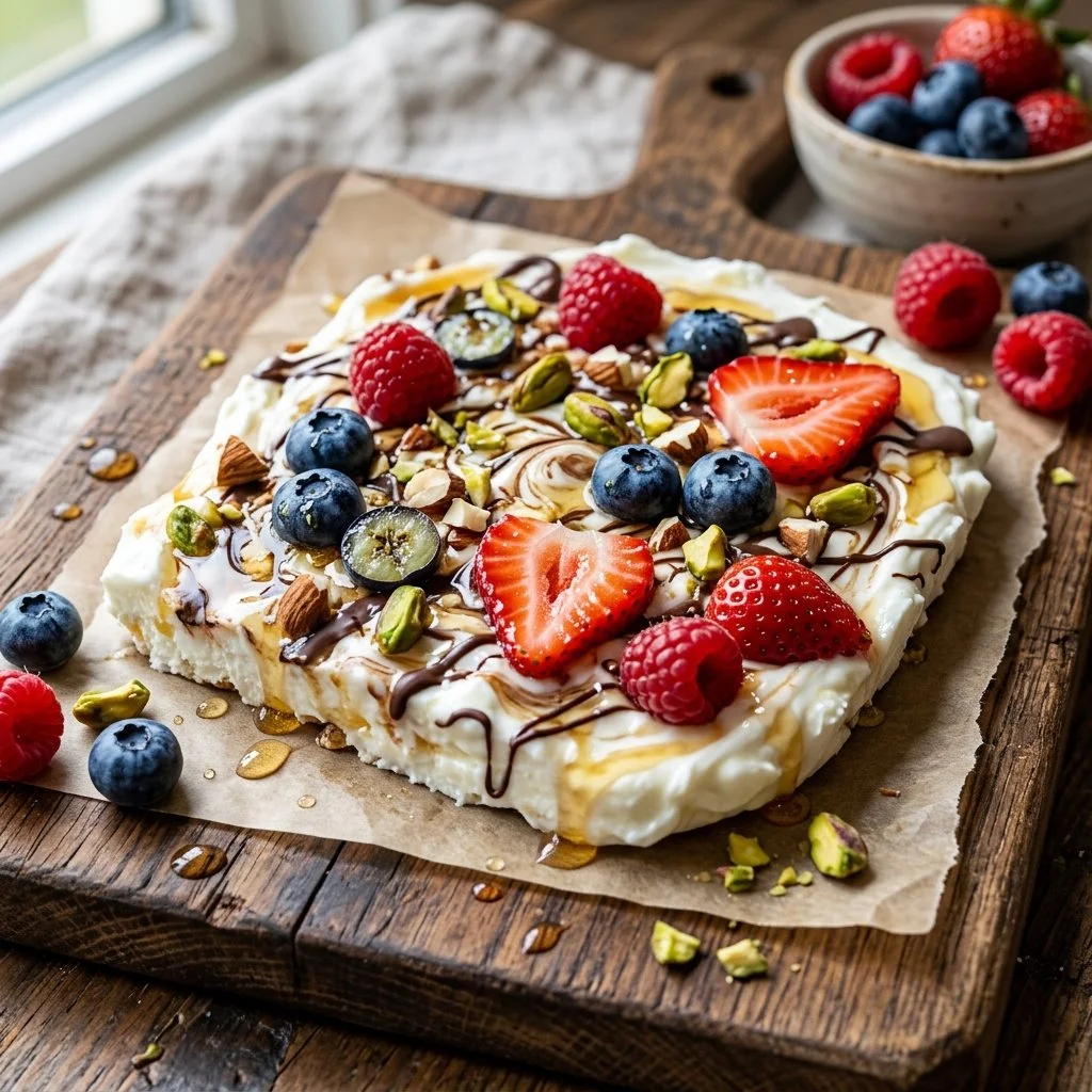 Delicious Greek Yogurt Bark topped with fruits and nuts on a plate.