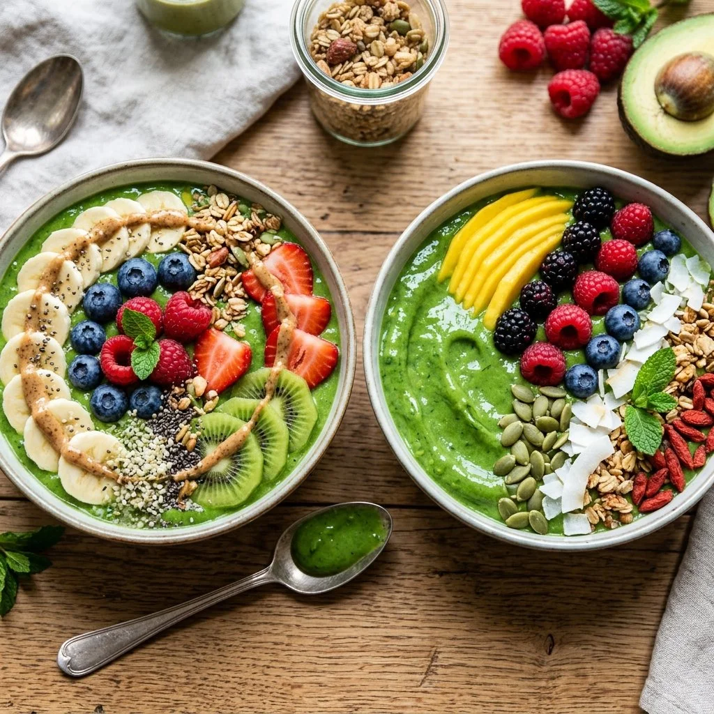 Healthy green smoothie bowl topped with fruits and nuts for breakfast