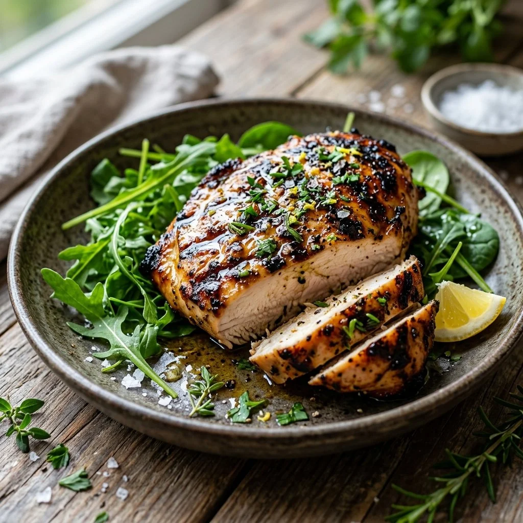 Delicious grilled chicken breast garnished with herbs and spices