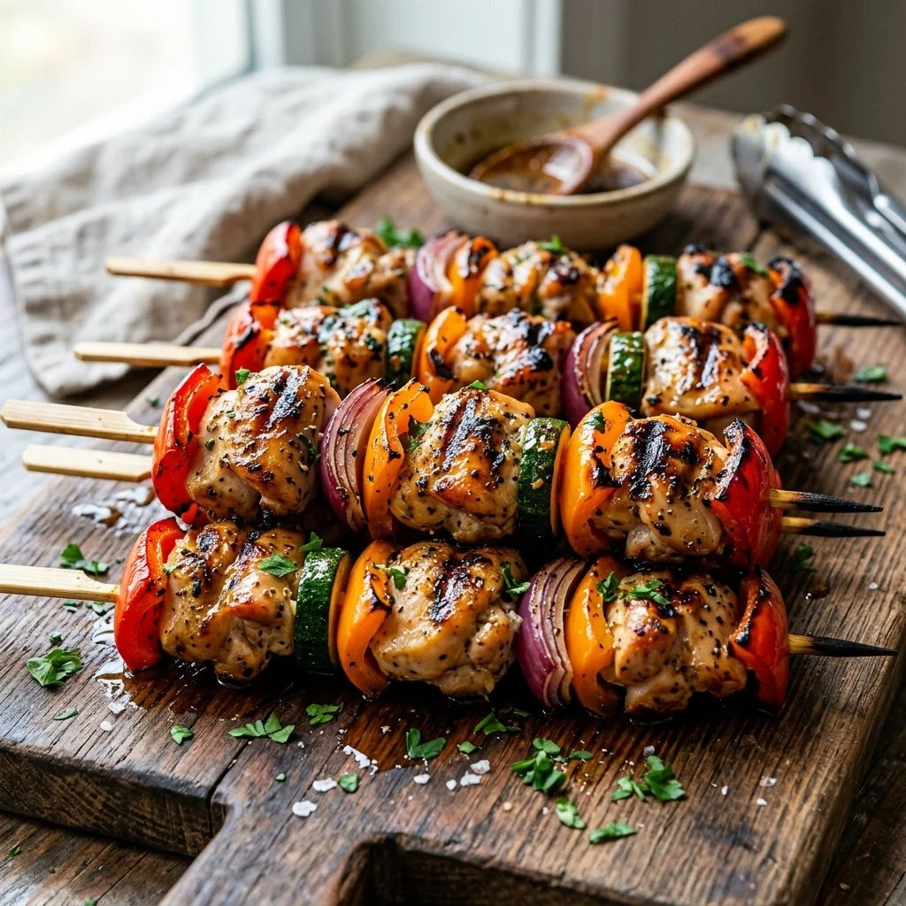 Succulent grilled chicken kabobs served on skewers with colorful vegetables