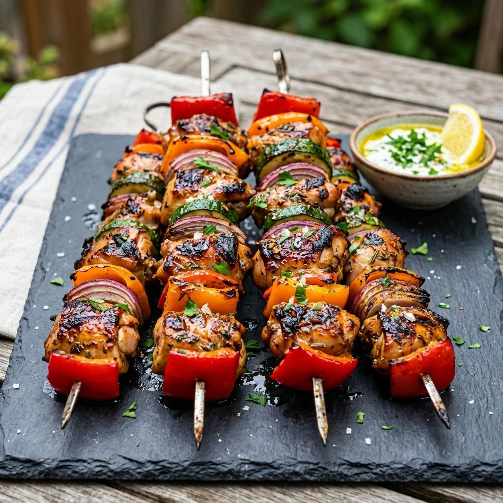 Delicious grilled chicken kabobs with colorful vegetables on skewers
