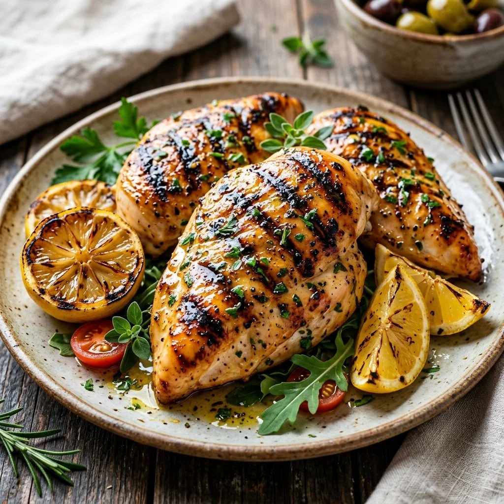 Grilled lemon chicken garnished with herbs and lemon slices