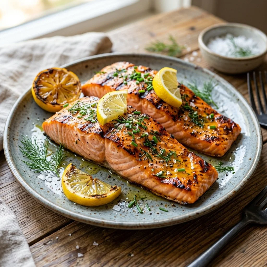 Succulent grilled salmon fillets garnished with herbs and lemon