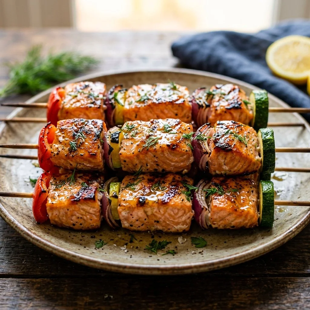 Grilled salmon skewers served on a plate with vegetables.