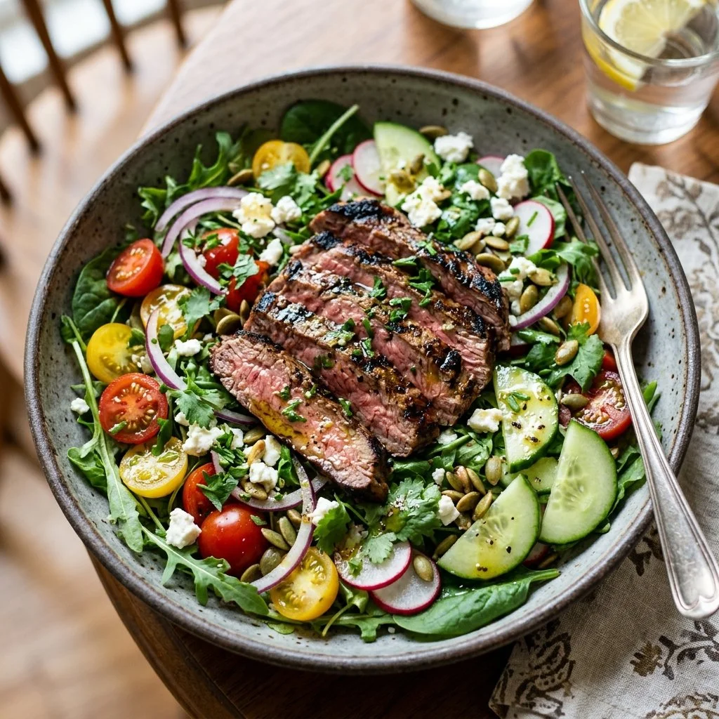 Delicious grilled steak salad with fresh greens and veggies on a plate