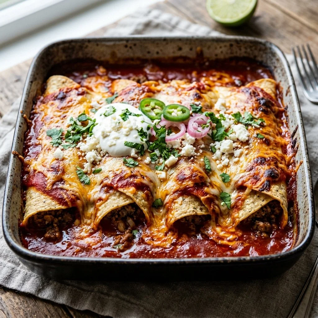 Plate of delicious ground beef enchiladas topped with cheese and garnished with cilantro.
