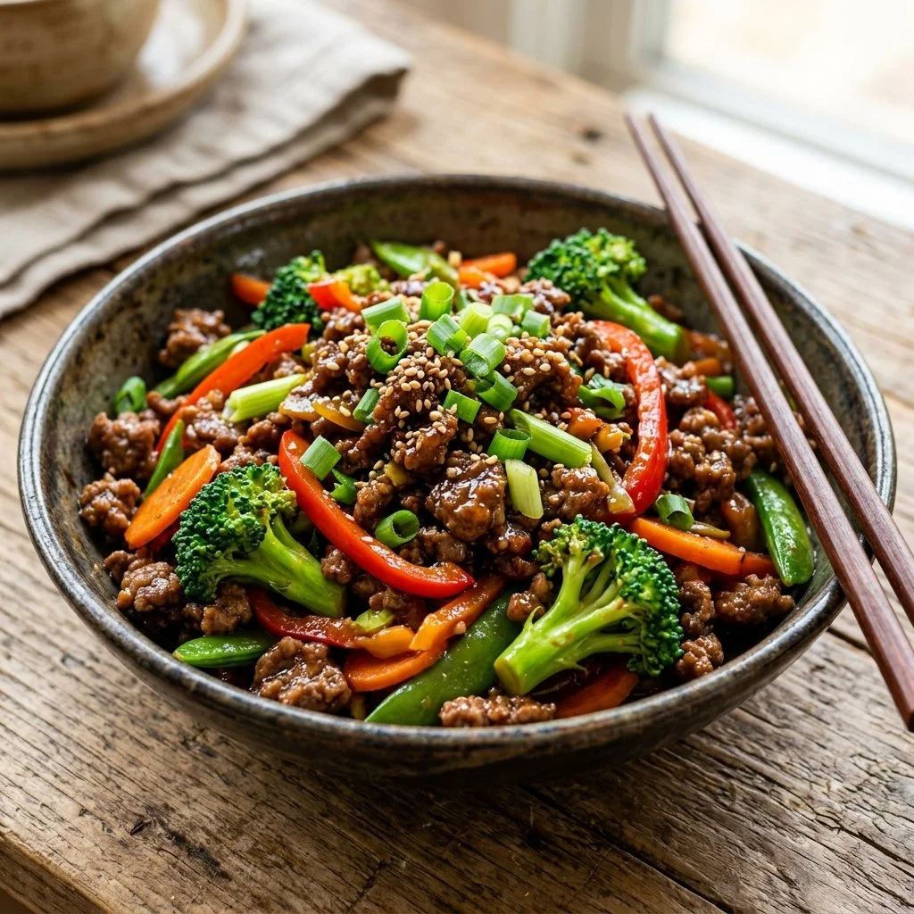 Delicious ground beef stir fry with colorful vegetables in a skillet