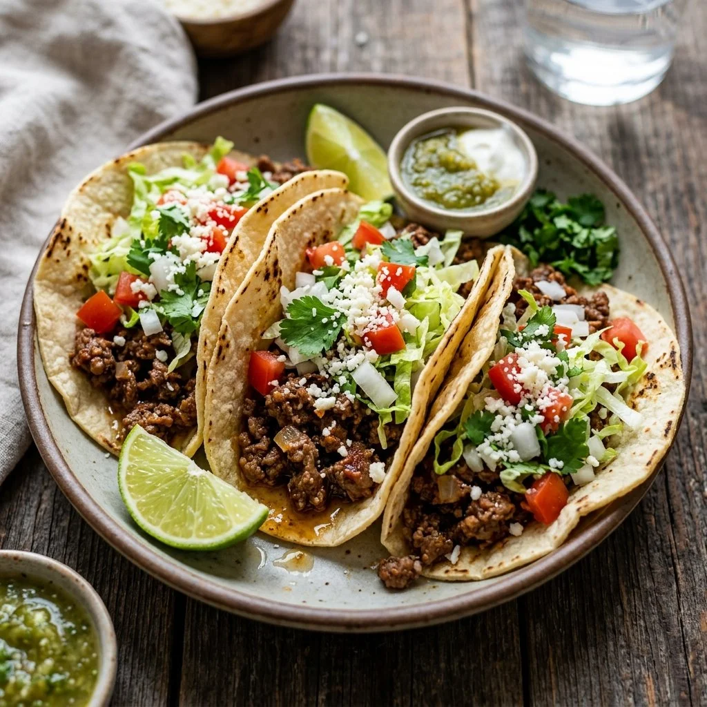 Delicious ground beef tacos served with fresh toppings