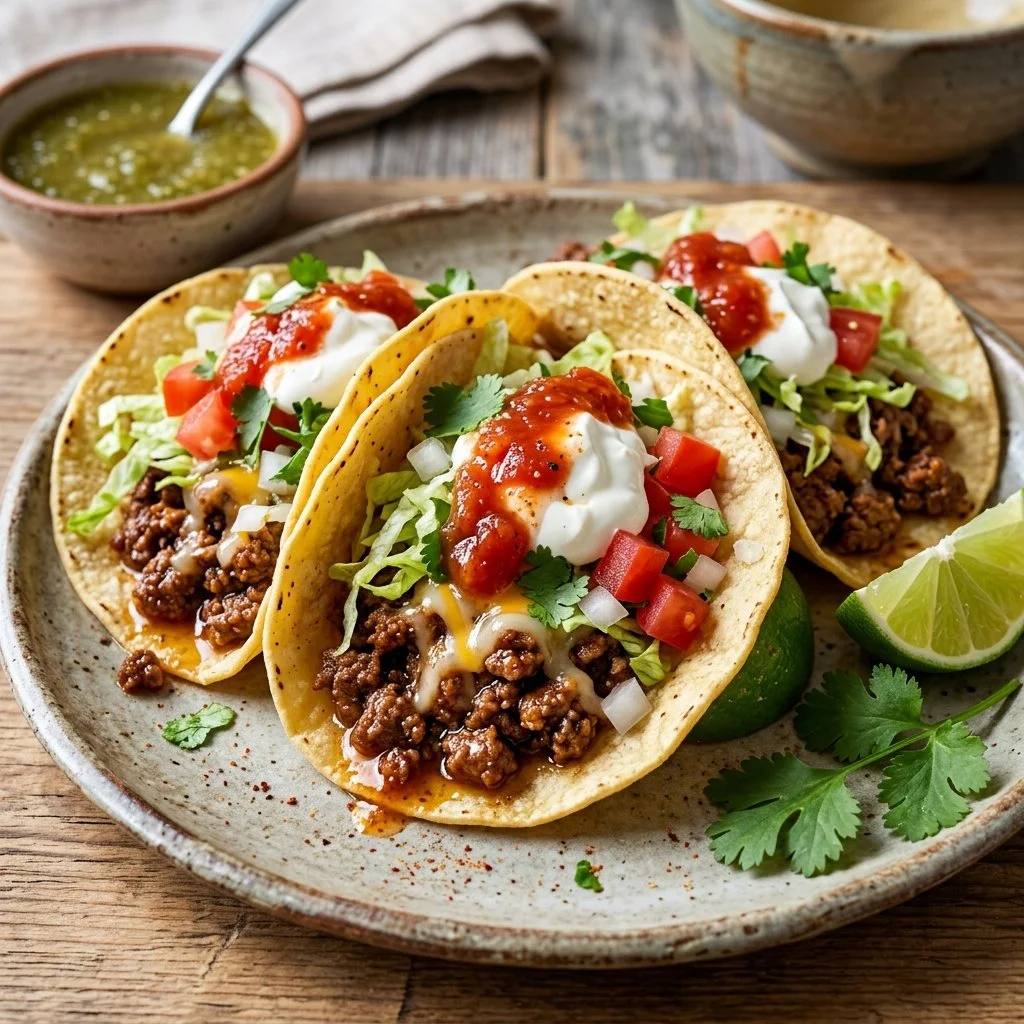 Delicious ground beef tacos served with fresh toppings and salsa.