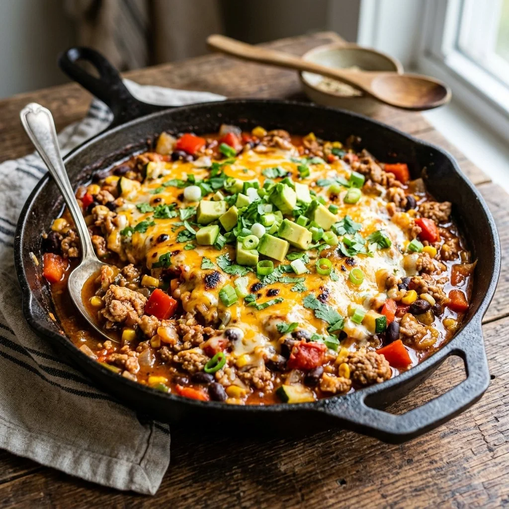 Delicious Ground Turkey Skillet served in a pan with colorful vegetables.