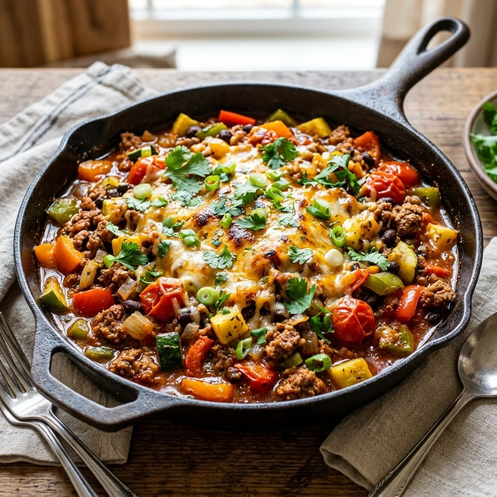 Delicious Ground Turkey Skillet with colorful vegetables in a pan