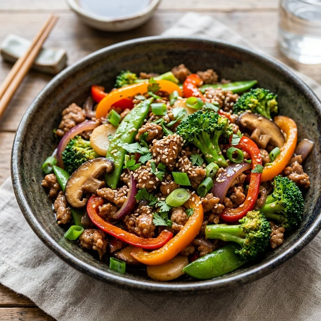 Delicious ground turkey stir fry served with colorful vegetables in a bowl