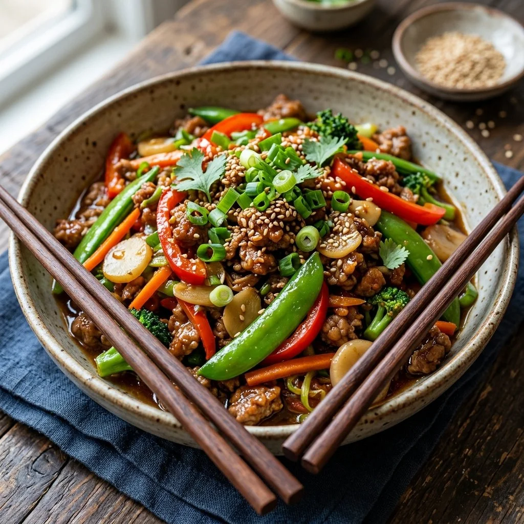 Delicious ground turkey stir-fry with colorful vegetables in a skillet