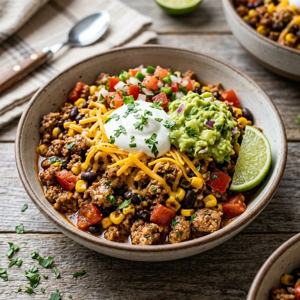 Healthy Ground Turkey Taco Bowls with fresh vegetables and toppings