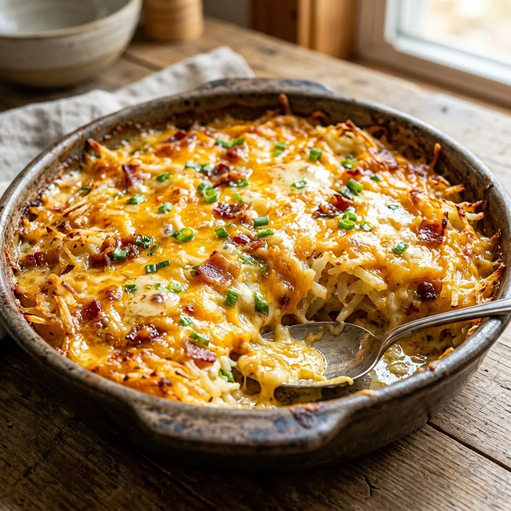 Delicious homemade hashbrown casserole baked to perfection with cheese and cream.