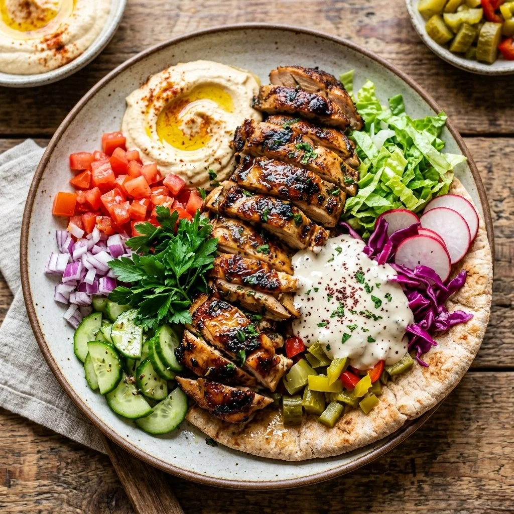 Healthy homemade chicken shawarma served with fresh vegetables and sauces