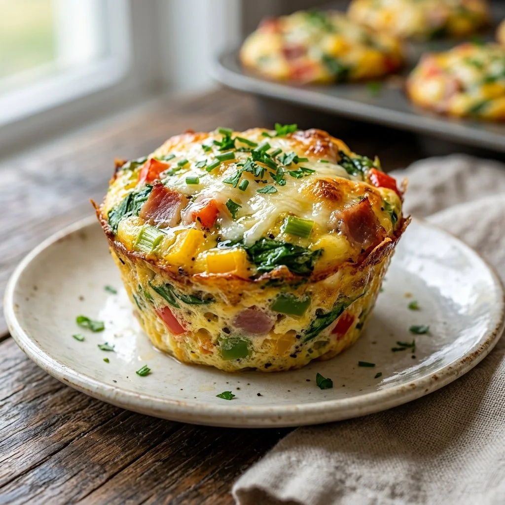 Delicious and healthy egg muffins served on a plate with vegetables.