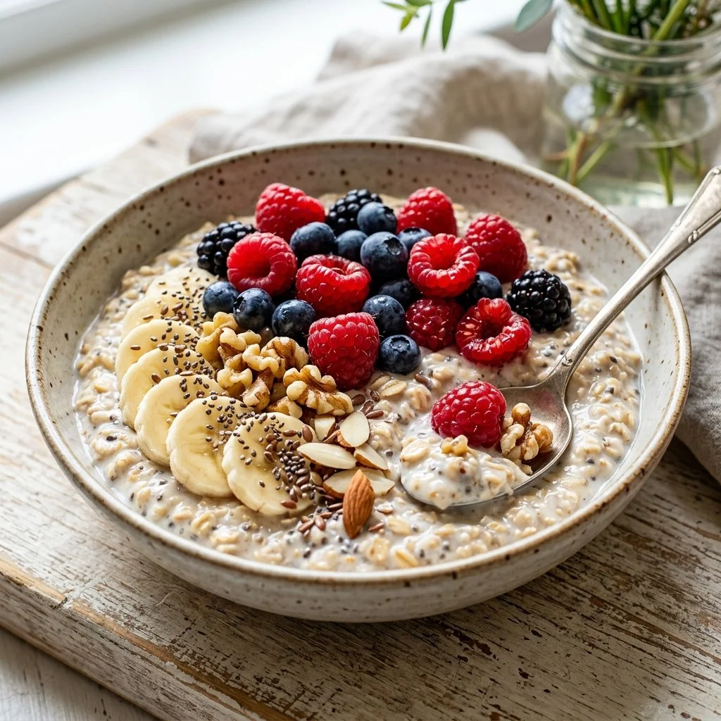 Bowl of healthy overnight oats topped with fresh fruits and nuts