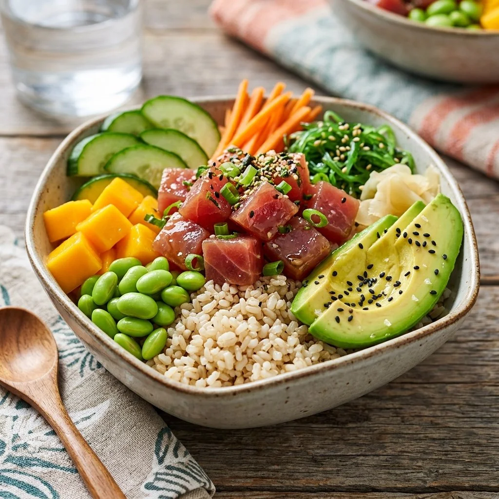 Delicious and healthy poke bowls with fresh ingredients and vibrant colors