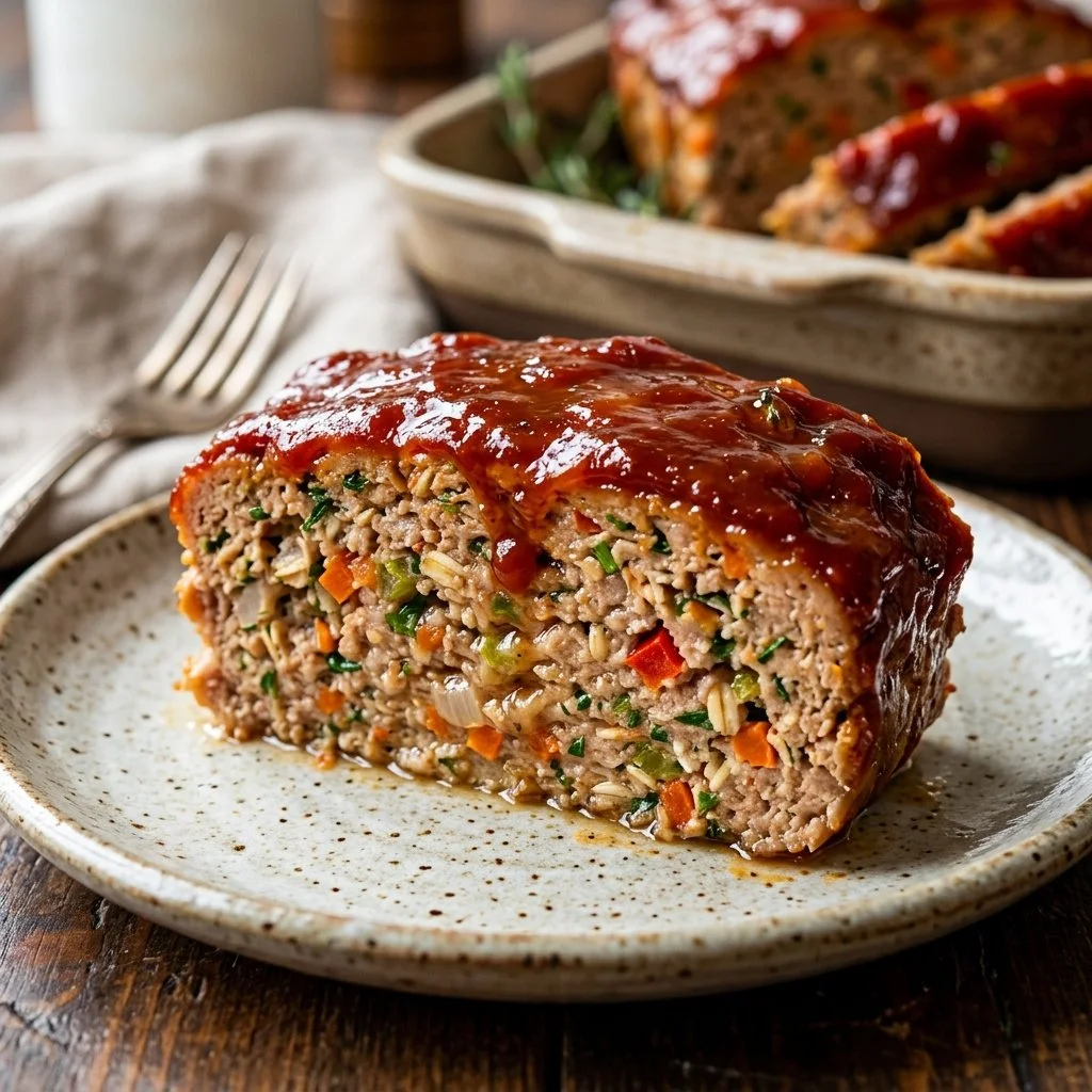 A slice of healthy turkey meatloaf served with vegetables on a plate.