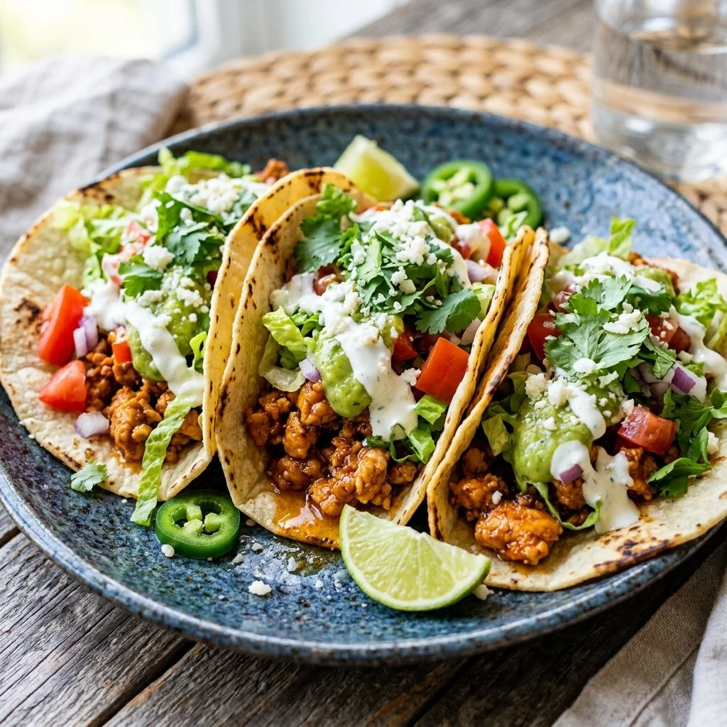 Healthy turkey tacos served with fresh vegetables and toppings