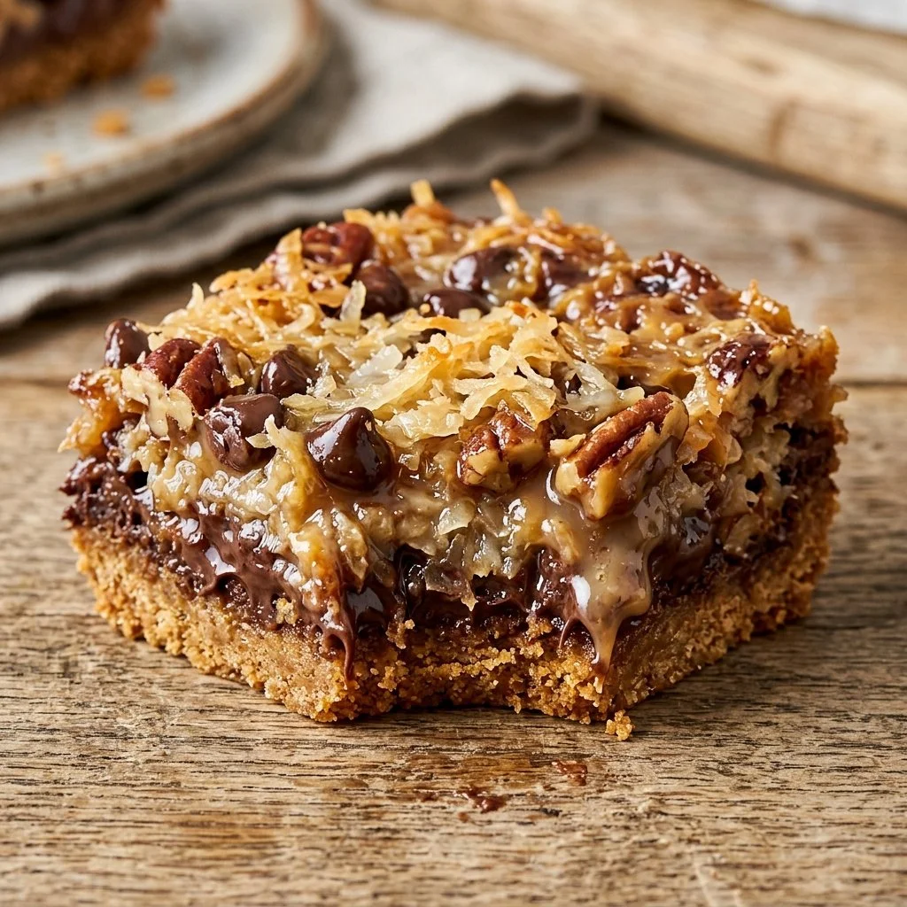 Delicious Hello Dolly Bars with layers of chocolate, coconut, and nuts.