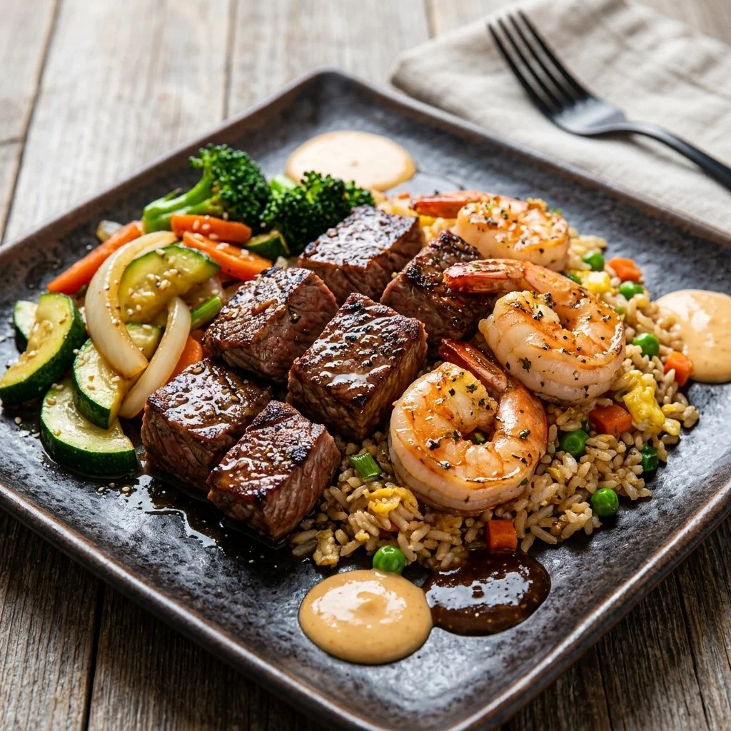 Hibachi-style grilled steak and shrimp on a sizzling grill.