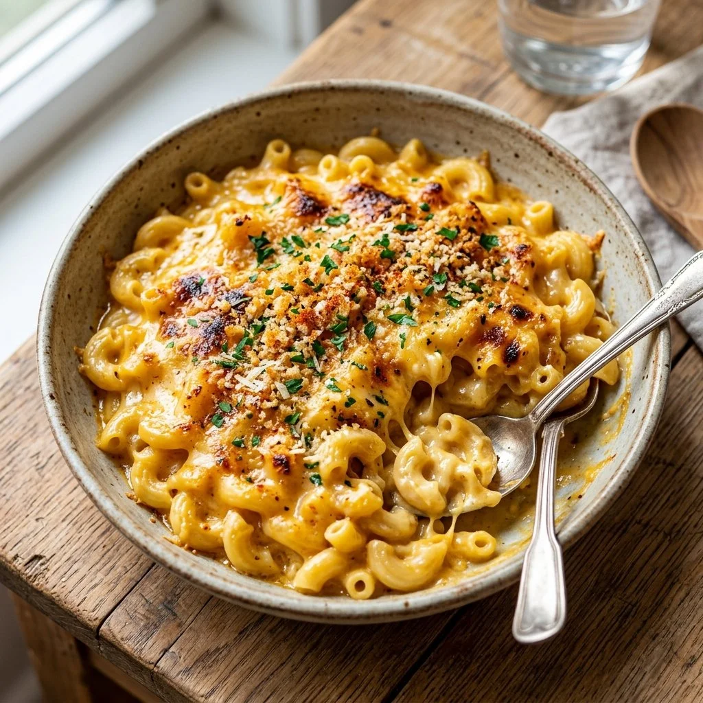 High Protein Mac Cheese dish topped with cheese and herbs