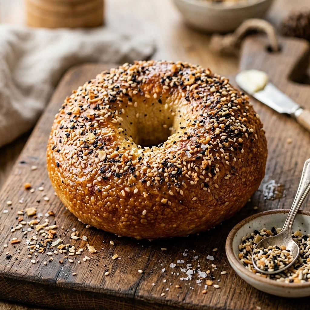 Freshly baked homemade bagels on a wooden board