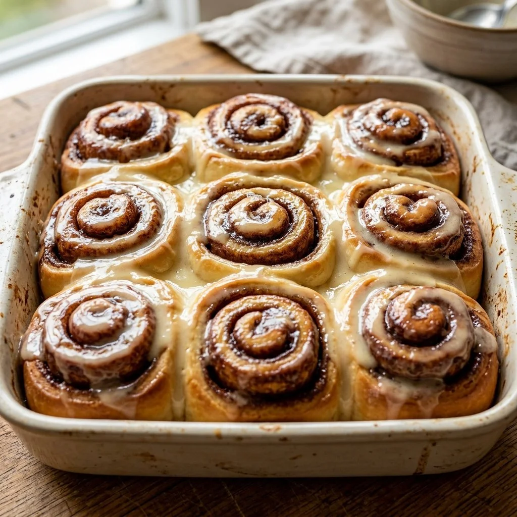 Freshly baked homemade cinnamon rolls with creamy icing on top