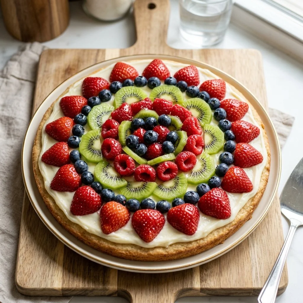 Homemade fruit pizza topped with fresh fruits and cream cheese frosting