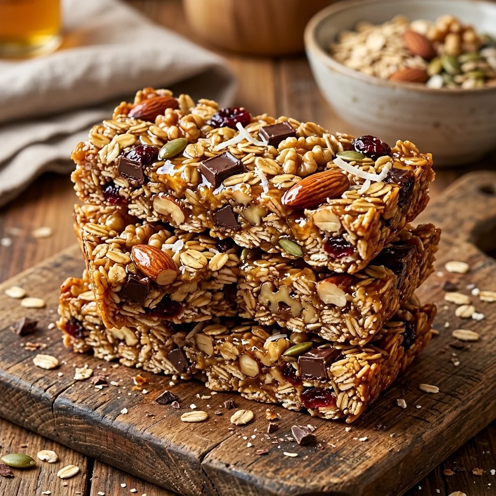 Homemade granola bars with oats, nuts, and dried fruit for a healthy snack.