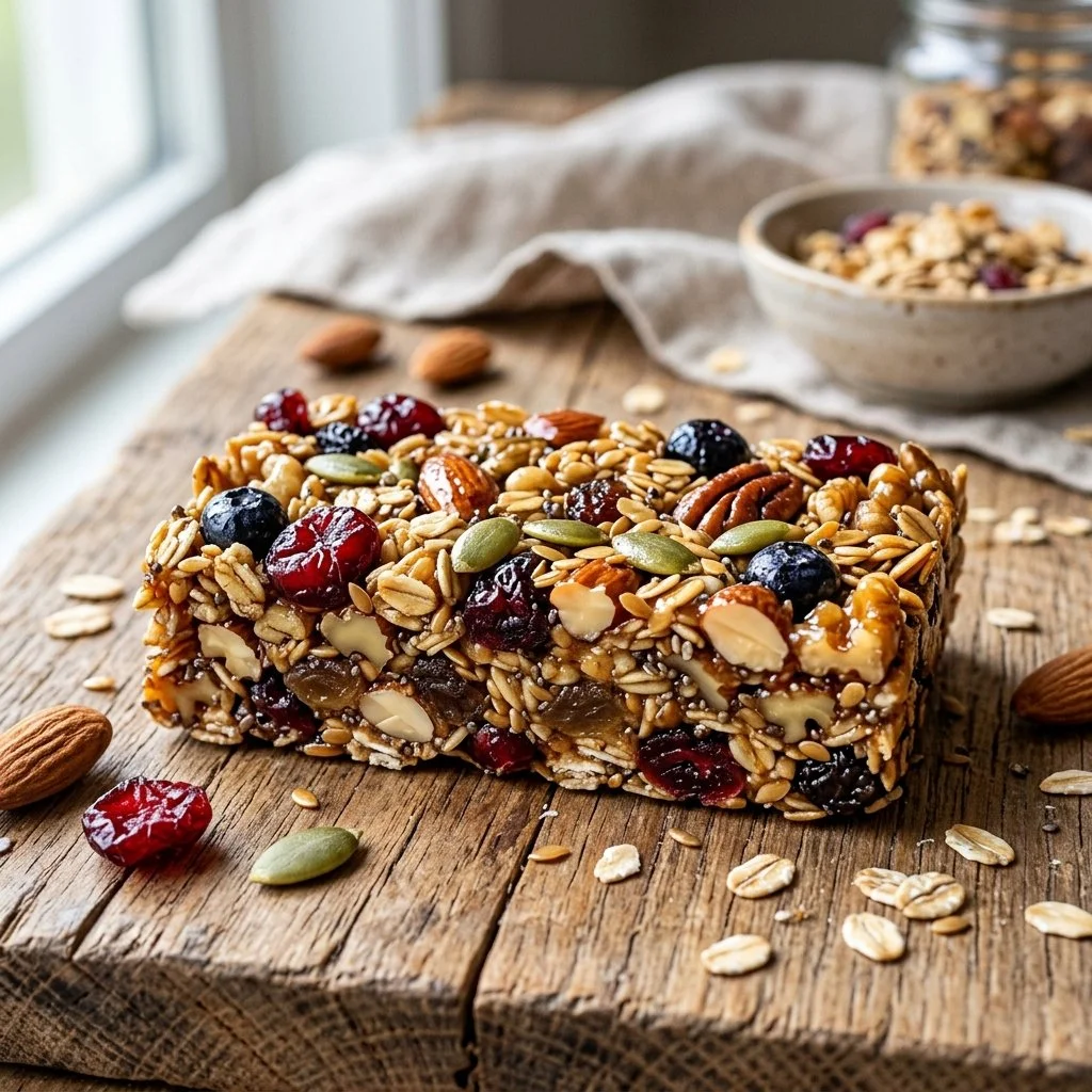 Homemade granola bars with nuts and fruits on a wooden table.