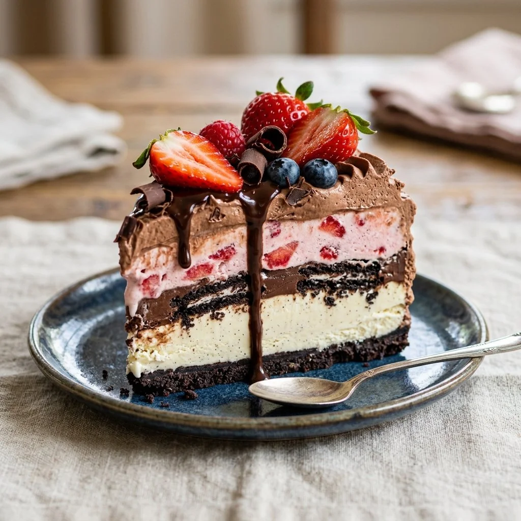 Delicious homemade ice cream cake topped with chocolate and sprinkles